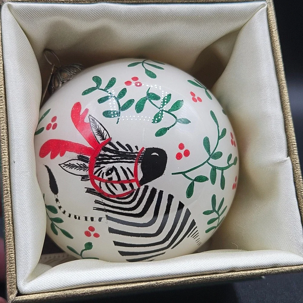 Pier 1 Li Bien 2015 Zebra Reindeer Antlers Hand Painted Glass Ornament with Box
